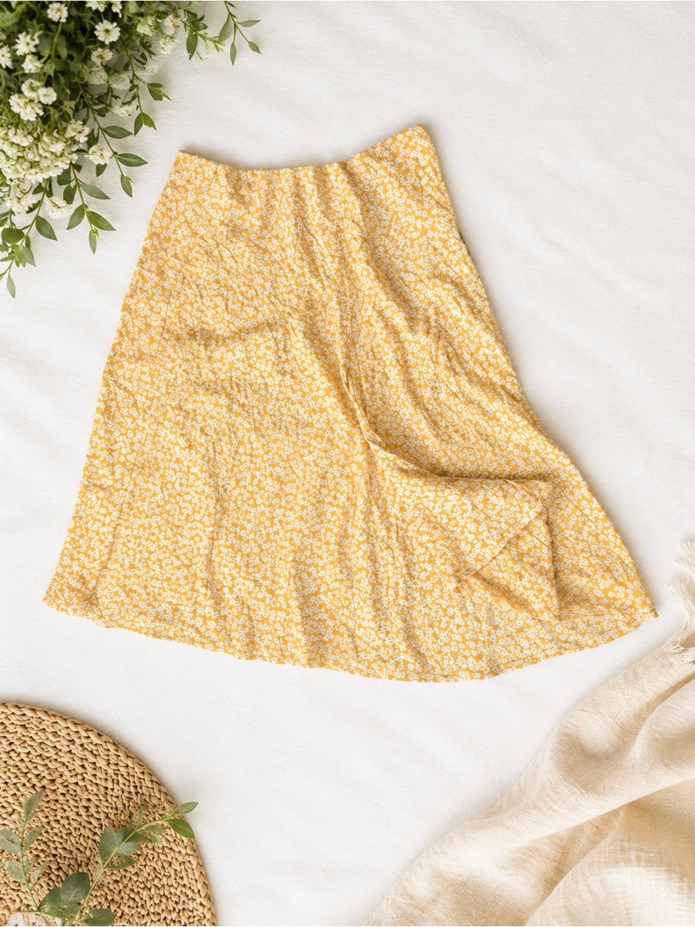 Yellow Floral Wrap Skirt - Summer A-Line Skirt - Small Ditsy Floral 647
